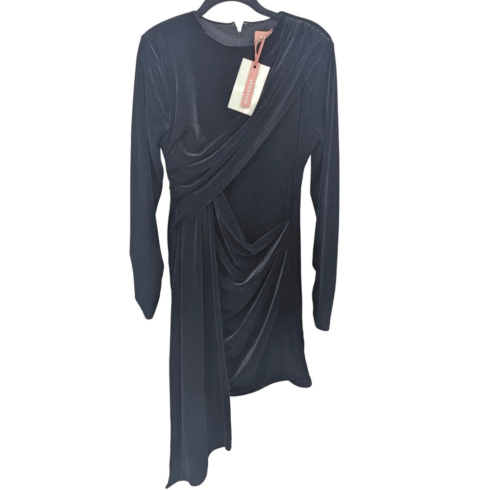 JESSAKAE Velvet Dress Womens Medium Black Asymmetrical Ruched Draped‎ Stretch